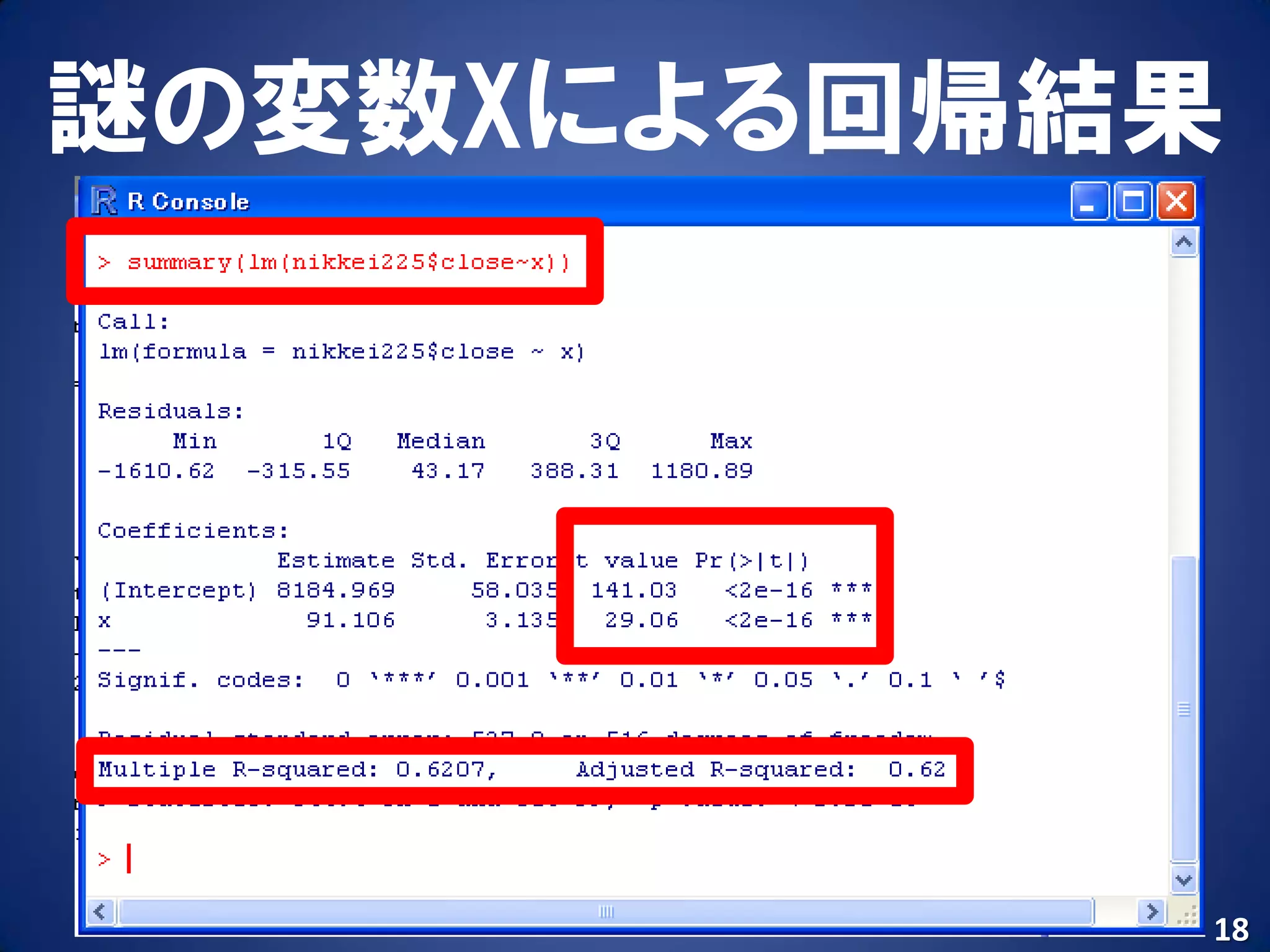 謎の変数Xによる回帰結果




           18
 