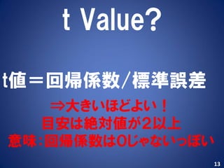 t Value?

t値＝回帰係数/標準誤差
    ⇒大きいほどよい！
   目安は絶対値が２以上
意味：回帰係数は０じゃないっぽい
               13
 
