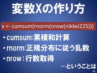 変数Xの作り方
x <- cumsum(rnorm(nrow(nikkei225)))

• cumsum:累積和計算
• rnorm:正規分布に従う乱数
• nrow：行数取得
                      …ということは
                                  21
 