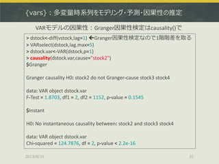 {vars}：多変量時系列をモデリング・予測・因果性の推定
2013/8/31 31
VARモデルの因果性：Granger因果性検定はcausality()で
> dstock<-diff(vstock,lag=1) Granger因果性検定なので1階階差を取る
> VARselect(dstock,lag.max=5)
> dstock.var<-VAR(dstock,p=1)
> causality(dstock.var,cause="stock2")
$Granger
Granger causality H0: stock2 do not Granger-cause stock3 stock4
data: VAR object dstock.var
F-Test = 1.8703, df1 = 2, df2 = 1152, p-value = 0.1545
$Instant
H0: No instantaneous causality between: stock2 and stock3 stock4
data: VAR object dstock.var
Chi-squared = 124.7876, df = 2, p-value < 2.2e-16
 