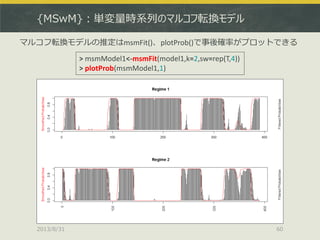 {MSwM}：単変量時系列のマルコフ転換モデル
2013/8/31 60
> msmModel1<-msmFit(model1,k=2,sw=rep(T,4))
> plotProb(msmModel1,1)
マルコフ転換モデルの推定はmsmFit()、plotProb()で事後確率がプロットできる
 