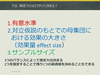では、検定力とはどうやって決まる？

1.有意水準
2.対立仮説のもとでの母集団に
おける効果の大きさ
（効果量 effect size）
3.サンプルサイズ
3つのバランスによって検定力は決まる
2つを固定することで残り1つの最適値を決めることもできる
2014/2/20

15

 