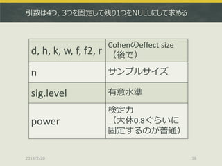 引数は4つ、3つを固定して残り1つをNULLにして求める

d, h, k, w, f, f2, r

Cohenのeffect size
（後で）

n

サンプルサイズ

sig.level

有意水準

power

検定力
（大体0.8ぐらいに
固定するのが普通）

2014/2/20

38

 