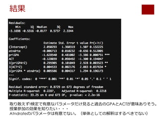 結果
取り敢えずt検定で有意なパラメータだけ見ると過去のGPAとACTが意味ありそう。
授業参加の効果を知りたい・・・
Atndrateのパラメータは有意でない。（単体としての解釈はするべきでない）
 