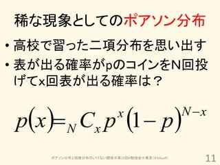 稀な現象としてのポアソン分布
• 高校で習った二項分布を思い出す
• 表が出る確率がpのコインをＮ回投
  げてｘ回表が出る確率は？


 px  N Cx p 1  p     x                   N x


     ポアソン分布と指数分布のいけない関係＠第20回R勉強会＠東京（#TokyoR）
                                                  11
 