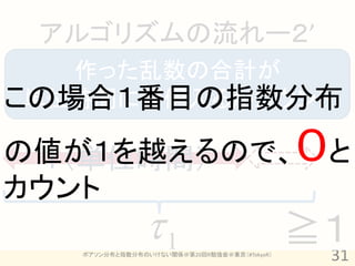 アルゴリズムの流れー２’
   作った乱数の合計が
この場合１番目の指数分布
 単位時間に何個入るかカウント

の値が１を越えるので、０と
 １（単位時間）
カウント
               1                            ≧１
   ポアソン分布と指数分布のいけない関係＠第20回R勉強会＠東京（#TokyoR）
                                              31
 