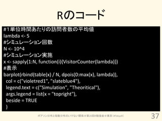 Rのコード
#１単位時間あたりの訪問者数の平均値
lambda <- 5
#シミュレーション回数
N <- 10^4
#シミュレーション実施
x <- sapply(1:N, function(i){VisitorCounter(lambda)})
#表示
barplot(rbind(table(x) / N, dpois(0:max(x), lambda)),
 col = c("violetred1", "slateblue4"),
 legend.text = c("Simulation", "Theoritical"),
 args.legend = list(x = "topright"),
 beside = TRUE
 )
               ポアソン分布と指数分布のいけない関係＠第20回R勉強会＠東京（#TokyoR）
                                                         37
 