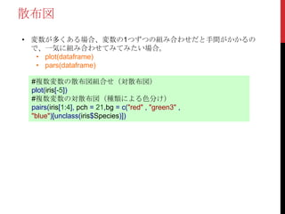 散布図
• 変数が多くある場合、変数の1つずつの組み合わせだと手間がかかるの
  で、一気に組み合わせてみてみたい場合。
   • plot(dataframe)
   • pars(dataframe)

 #複数変数の散布図組合せ（対散布図）
 plot(iris[-5])
 #複数変数の対散布図（種類による色分け）
 pairs(iris[1:4], pch = 21,bg = c("red" , "green3" ,
 "blue")[unclass(iris$Species)])
 
