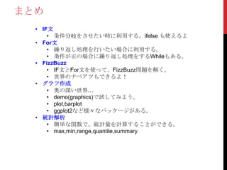 まとめ
  • IF文
      • 条件分岐をさせたい時に利用する。ifelse も使えるよ
  • For文
      • 繰り返し処理を行いたい場合に利用する。
      • 条件が正の場合に繰り返し処理をするWhileもある。
  • FizzBuzz
      • IF文とFor文を使って、FizzBuzz問題を解く。
      • 世界のナベアツもできるよ！
  • グラフ作成
      • 奥の深い世界…
      • demo(graphics)で試してみよう。
      • plot,barplot
      • ggplot2など様々なパッケージがある。
  • 統計解析
      • 簡単な関数で、統計量を計算することができる。
      • max,min,range,quantile,summary
 