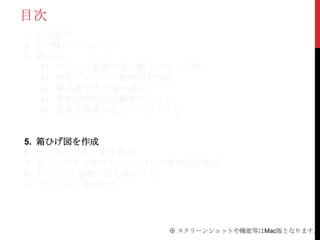 目次
1. 自己紹介
2. なぜRグラフなのか
3. 散布図
    1) グラフに装飾する（軸ラベル・凡例）
    2) 複数グループの散布図を作成
    3) 垂直線や水平線を追加
    4) 散布図の回帰直線をプロット
    5) 変数を複数の色でプロットする
4. 棒グラフ
    1) 棒グラフに色をつける
5. 箱ひげ図を作成
6. ヒストグラムと密度推定
7. 各ファクタ水準に対して、1つの散布図を作成
8. 1ページに複数の図を表示する
9. ファイルに書き出す




                 ※ スクリーンショットや機能等はMac版となります。
 