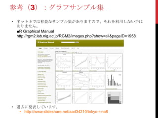 参考（3）：グラフサンプル集
• ネット上では有益なサンプル集がありますので、それを利用しない手は
  ありません。
  ■R Graphical Manual
  http://rgm2.lab.nig.ac.jp/RGM2/images.php?show=all&pageID=1958




• 過去に発表しています。
   • http://www.slideshare.net/aad34210/tokyo-r-no8
 
