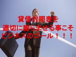 貸借対照表を
適切に膨らませる事こそ
ビジネスのゴール！！！

          22
 