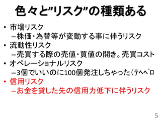 色々と”リスク”の種類ある
• 市場リスク
  – 株価・為替等が変動する事に伴うリスク
• 流動性リスク
  – 売買する際の売値・買値の開き。売買コスト
• オペレーショナルリスク
  – 3個でいいのに100個発注しちゃった（ﾃﾍﾍﾟﾛ
• 信用リスク
  – お金を貸した先の信用力低下に伴うリスク


                           5
 