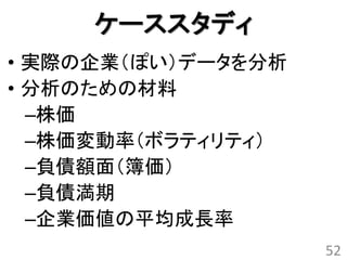 ケーススタディ
• 実際の企業（ぽい）データを分析
• 分析のための材料
  –株価
  –株価変動率（ボラティリティ）
  –負債額面（簿価）
  –負債満期
  –企業価値の平均成長率
                    52
 