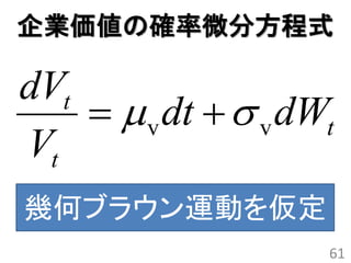 企業価値の確率微分方程式

dVt
      v dt   v dWt
Vt
幾何ブラウン運動を仮定
                     61
 