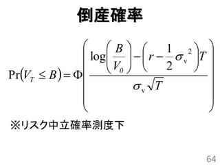 倒産確率
                B          1 2 
                log    r   v T 
                    V  
                 0          2     
PrVT  B                          
                       v T           
                                      
                                      
※リスク中立確率測度下


                                      64
 