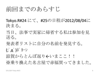 前回までのあらすじ
Tokyo.R#24 にて、#25の日程が2012/08/04に
決まる。
当日、法事で実家に帰省する私は参加を見
送る。
発表者リストに自分の名前を発見する。
(;ﾟдﾟ)ﾎﾟｶｰﾝ
滋賀からとんぼ返り←いまここ！！
※乗り換えた名古屋で赤福買ってきました。
2012/8/4 Tokyo.R#25                8
 
