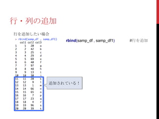 行・列の追加
行を追加したい場合
            rbind(samp_df , samp_df1)   #行を追加




        追加されている！
 