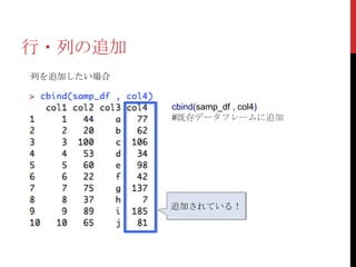 行・列の追加
列を追加したい場合


            cbind(samp_df , col4)
            #既存データフレームに追加




            追加されている！
 