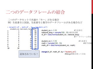 二つのデータフレームの結合
二つのデータセットで共通の「キー」がある場合
例）生徒番号と国語、生徒番号と数学のデータフレームがある場合など


                student_no <- 1:10                       #生徒番号
                national_lang <- sample(100 , 10) #国語成績
                nl_df <- data.frame(student_no , national_lang)
                                                         #データフレーム作成

                student_no <- 1:10                         #生徒番号
                math <- sample(100 , 10)                      #数学成績
                math_df <- data.frame(student_no , math)


                merge(nl_df , math_df , by = "student_no")
     追加されている！                                #Merge関数を使って合成
 