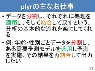 plyrの主なお仕事
• データを分割し、それぞれに処理を
適用し、そして結合して戻すという、
分析の基本的な流れを楽にしてくれ
る
• 例：年齢・性別ごとデータを分割し、
ある需要予測モデルを適用し予測
を実施、その結果を再結合して出力
したい
11
 