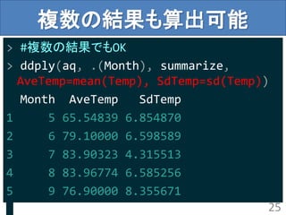 複数の結果も算出可能
> #複数の結果でもOK
> ddply(aq, .(Month), summarize,
AveTemp=mean(Temp), SdTemp=sd(Temp))
Month AveTemp SdTemp
1 5 65.54839 6.854870
2 6 79.10000 6.598589
3 7 83.90323 4.315513
4 8 83.96774 6.585256
5 9 76.90000 8.355671
25
 
