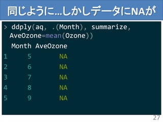 同じように…しかしデータにNAが
> ddply(aq, .(Month), summarize,
AveOzone=mean(Ozone))
Month AveOzone
1 5 NA
2 6 NA
3 7 NA
4 8 NA
5 9 NA
27
 