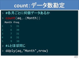 count：データ数勘定
> #各月ごとに何個データあるか
> count(aq,.(Month))
Month freq
1 5 31
2 6 30
3 7 31
4 8 31
5 9 30
> #↓とほぼ同じ
> ddply(aq,"Month",nrow)
49
 