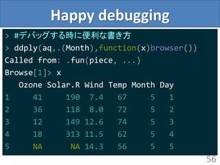 Happy debugging
> #デバッグする時に便利な書き方
> ddply(aq,.(Month),function(x)browser())
Called from: .fun(piece, ...)
Browse[1]> x
Ozone Solar.R Wind Temp Month Day
1 41 190 7.4 67 5 1
2 36 118 8.0 72 5 2
3 12 149 12.6 74 5 3
4 18 313 11.5 62 5 4
5 NA NA 14.3 56 5 5
56
 