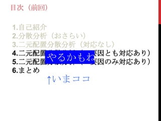 目次（前回）
1.自己紹介
2.分散分析（おさらい）
3.二元配置分散分析（対応なし）
4.二元配置分散分析（二要因とも対応あり）
5.二元配置分散分析（一要因のみ対応あり）
6.まとめ
やるかもね
↑いまココ
 