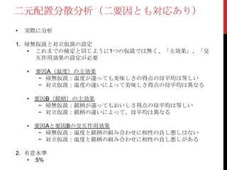 二元配置分散分析（二要因とも対応あり）
• 実際に分析
1. 帰無仮説と対立仮説の設定
• これまでの検定と同じように1つの仮説では無く、「主効果」、「交
互作用効果の設定が必要
• 要因A（温度）の主効果
− 帰無仮説：温度が違っても美味しさの得点の母平均は等しい
− 対立仮説：温度の違いによって美味しさ得点の母平均は異なる
• 要因B（銘柄）の主効果
− 帰無仮説：銘柄が違ってもおいしさ得点の母平均は等しい
− 対立仮説：銘柄の違いによって、母平均は異なる
• 要因Aと要因Bの交互作用効果
− 帰無仮説：温度と銘柄の組み合わせに相性の良し悪しはない
− 対立仮説：温度と銘柄の組み合わせに相性の良し悪しがある
2. 有意水準
• 5%
 