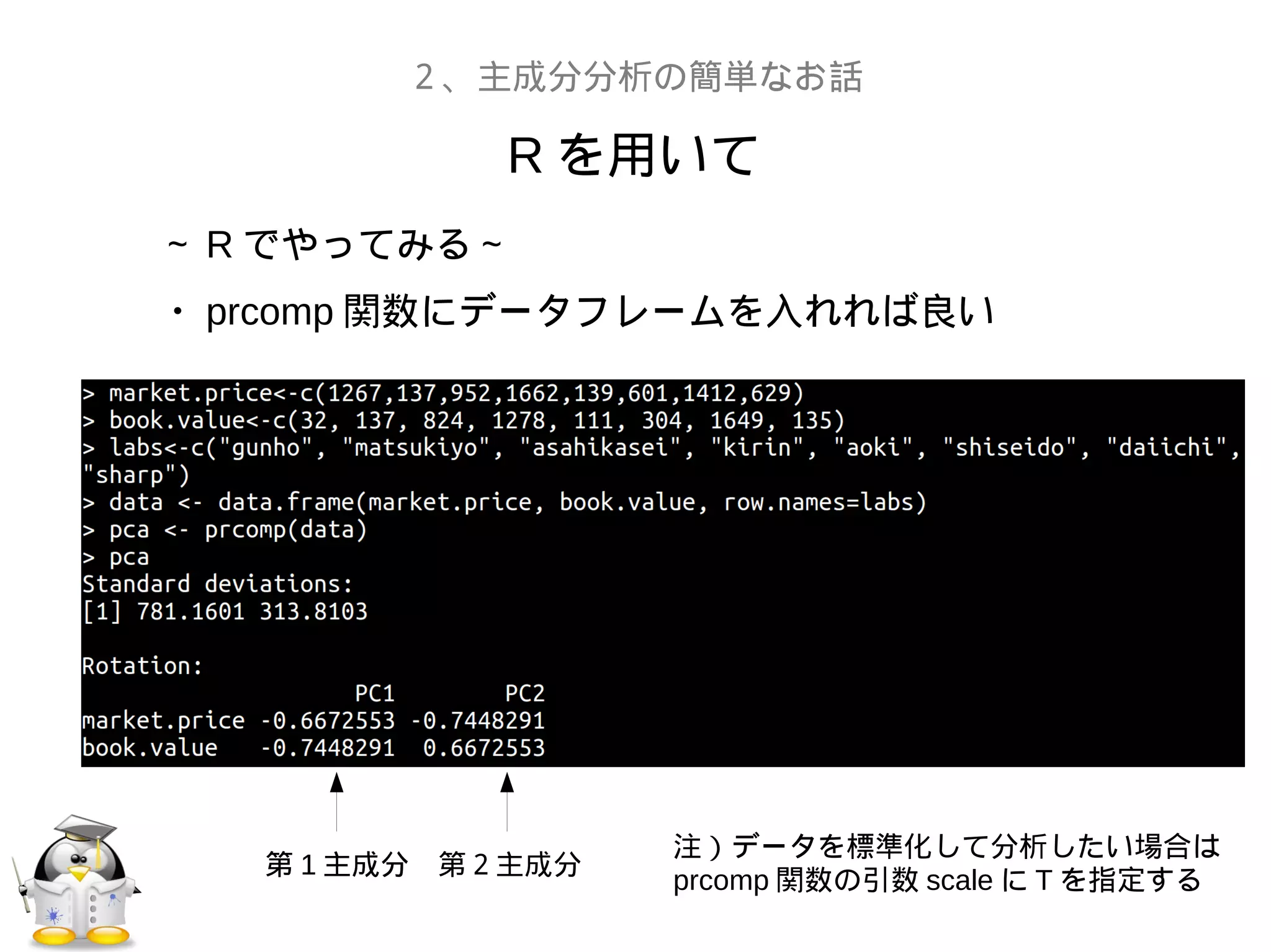 R を用いて
２、主成分分析の簡単なお話
～ R でやってみる～
・ prcomp 関数にデータフレームを入れれば良い
第 1 主成分 第２主成分第 1 主成分
注）データを標準化して分析したい場合は
prcomp 関数の引数 scale に T を指定する
 
