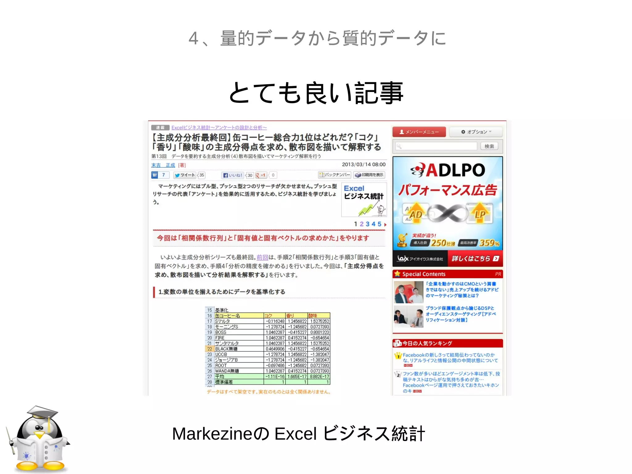 とても良い記事
４、量的データから質的データに
Markezineの Excel ビジネス統計
 