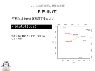 R を用いて
２、主成分分析の簡単なお話
可視化は biplot を利用するとよい
主成分の２軸にそってデータを plot
してくれる！
 