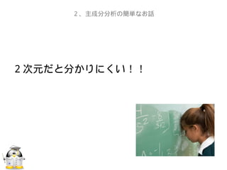２次元だと分かりにくい！！
　
２、主成分分析の簡単なお話
 