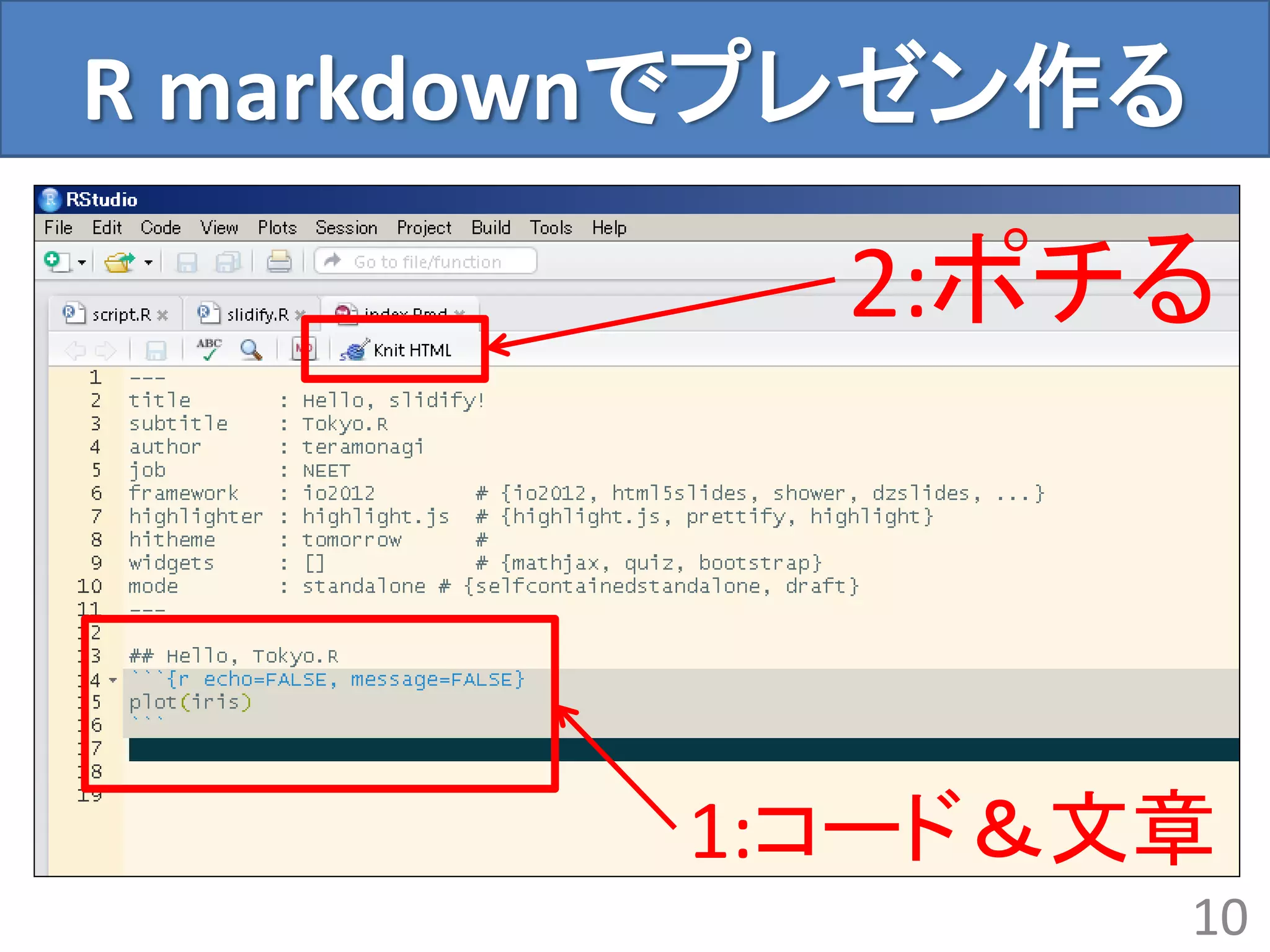 R markdownでプレゼン作る
10
2:ポチる
1:コード＆文章
 