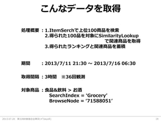 2013.07.20 第32回R勉強会@東京(#TokyoR) 19
こんなデータを取得
：2013/7/11 21:30 ～ 2013/7/16 06:30期間
：3時間 ※36回観測取得間隔
対象商品 ：食品&飲料 > お酒
SearchIndex = ‘Grocery’
BrowseNode = ‘71588051’
：1.ItemSerchで上位100商品を検索
2.得られた100品を対象にSimilarityLookup
で関連商品を取得
3.得られたランキングと関連商品を蓄積
処理概要
 
