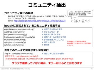 2013.07.20 第32回R勉強会@東京(#TokyoR) 26
コミュニティ抽出
コミュニティ検出の基礎
igraphに実装されているコミュニティ抽出手法
edge.betweenness.community(g) # 辺媒介性を用いた手法
walktrap.community(g) # ランダムウォーク
fastgreedy.community(g) # 貪欲法に基づく手法
leading.eigenvector.community(g) # 固有ベクトルに基づく手法
multilevel.community(g) # 多段階最適アルゴリズム
spinglass.community(g) # 焼きなまし法
optimal.community(g) # 全探索
先ほどのデータで焼きなまし法を実行
> sp <- spinglass.community(g) # 焼きなまし法 分割を探す
以下にエラー spinglass.community(g) :
At clustertool.cpp:285 : Cannot work with unconnected graph, Invalid value
グラフが連結していない場合、エラーが出ることがあります
計算時間では貪欲法が最短
検出精度では焼きなまし法が最高
とのこと
 ji
ij
ji
ij cc
E
kk
A
E
Q ,
22
1
 






右式のように定義されるQ値（Clauset et al. 2004）が最大となるよう
なメンバーシップを見つける問題
http://codeiq.hatenablog.com/entry/2013/06/25/182324引用：
コミュニティ内のエッジ密度が偶
然に得られるそれと比較してどの
程度大きいか」を表す指標
 