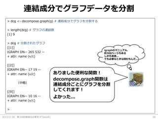 2013.07.20 第32回R勉強会@東京(#TokyoR) 29
連結成分でグラフデータを分割
> dcg <- decompose.graph(g) # 連結成分でグラフを分割する
> length(dcg) # グラフの連結数
[1] 9
> dcg # 分割されたグラフ
[[1]]
IGRAPH DN-- 265 532 --
+ attr: name (v/c)
[[2]]
IGRAPH DN-- 17 19 --
+ attr: name (v/c)
（中略）
[[9]]
IGRAPH DN-- 10 16 --
+ attr: name (v/c)
>
igraphのマニュアル、
約300ページもある
しかも英語...
でも必要なときは読むもんだ...
よかった...
decompose.graph関数は
連結成分ごとにグラフを分割
してくれます！
ありました便利な関数！
 