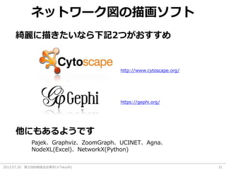 2013.07.20 第32回R勉強会@東京(#TokyoR) 31
ネットワーク図の描画ソフト
綺麗に描きたいなら下記2つがおすすめ
他にもあるようです
Pajek、Graphviz、ZoomGraph、UCINET、Agna、
NodeXL(Excel)、NetworkX(Python)
http://www.cytoscape.org/
https://gephi.org/
 