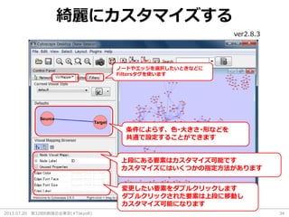2013.07.20 第32回R勉強会@東京(#TokyoR) 34
綺麗にカスタマイズする
ver2.8.3
ノードやエッジを選択したいときなどに
Filtersタグを使います
変更したい要素をダブルクリックします
ダブルクリックされた要素は上段に移動し
カスタマイズ可能になります
上段にある要素はカスタマイズ可能です
カスタマイズにはいくつかの指定方法があります
条件によらず、色･大きさ･形などを
共通で設定することができます
 