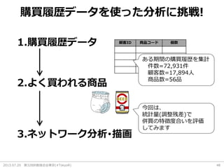 2013.07.20 第32回R勉強会@東京(#TokyoR) 48
購買履歴データを使った分析に挑戦!
1.購買履歴データ
2.よく買われる商品
3.ネットワーク分析･描画
今回は、
統計量(調整残差)で
併買の特徴度合いを評価
してみます
顧客ID 商品コード 個数
ある期間の購買履歴を集計
件数=72,931件
顧客数=17,894人
商品数=56品
 