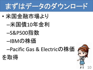 まずはデータのダウンロード
• 米国金融市場より
–米国債10年金利
–S&P500指数
–IBMの株価
–Pacific Gas & Electricの株価
を取得
10
 