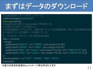 まずはデータのダウンロード
11
# quantmodパッケージのインストール
install.packages(“quantmod”)
library(quantmod)
# quantmod0.4系だとauto.assign=TRUEがいる
# 0.5系からはなくてもOKらしい
# 10年国債金利（アメリカ）, S&P500（アメリカの株価指数, IBM, PCGの株価を取得
# 今回はアメリカ市場データを用いている
# …からのデータのマージ＆欠損(NA)の除去
data <- na.omit(
merge(
getSymbols(“DGS10”, src=“FRED”, auto.assign=FALSE),
getSymbols(“SP500”, src=“FRED”, auto.assign=FALSE),
getSymbols(“IBM”, src=“yahoo”, auto.assign=FALSE, from=“2003-01-01”)[,6],
getSymbols(“PCG”, src=“yahoo”, auto.assign=FALSE, from=“2003-01-01”)[,6]
))
colnames(data) <- c(“T10Y”, “SP500”, “IBM”, “PCG”)
head(data)
※裏では時系列処理のxtsパッケージ等も呼ばれてます
 