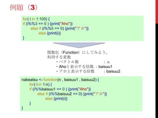 例題（3）
for( i in 1:100) {
if (i%%3 == 0 ) {print("Aho")}
else if (i%%5 == 0) {print("アホ")}
else {print(i)}
}
nabeatsu <- function(n , baisuu1 , baisuu2) {
for( i in 1:n) {
if (i%%baisuu1 == 0 ) {print("Aho")}
else if (i%%baisuu2 == 0) {print("アホ")}
else {print(i)}
}
}
関数化（Function）にしてみよう。
利用する変数
・ベクトル数 ：ｎ
・Ahoと表示する倍数 ：baisuu1
・アホと表示する倍数 ：baisuu2
 