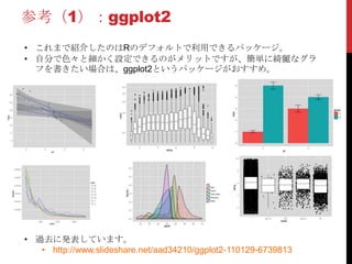 参考（1）：ggplot2
• これまで紹介したのはRのデフォルトで利用できるパッケージ。
• 自分で色々と細かく設定できるのがメリットですが、簡単に綺麗なグラ
フを書きたい場合は、ggplot2というパッケージがおすすめ。
• 過去に発表しています。
• http://www.slideshare.net/aad34210/ggplot2-110129-6739813
 