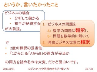 というか、言いたかったこと
39 / 392013/8/31 ロジスティック回帰の考え方・使い方
ビジネスの場合
• 分析して儲かる
• 相手が納得する
が大前提。
で
• 2度の翻訳の妥当性
• 「1から2」＆「AからB」の両方が妥当か
の両方を詰めるのは大変、だけど面白いです。
1. ビジネスの問題を
A) 数学の問題に翻訳し
B) 問題を数学的に解いて
2. 再度ビジネス世界に翻訳
 