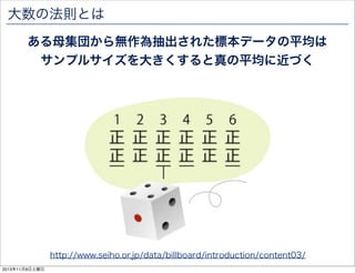 大数の法則とは
ある母集団から無作為抽出された標本データの平均は
サンプルサイズを大きくすると真の平均に近づく

http://www.seiho.or.jp/data/billboard/introduction/content03/
2013年11月9日土曜日

 