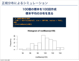 正規分布によるシミュレーション
100個の標本を100回作成
標本平均の分布を見る

2013年11月9日土曜日

 