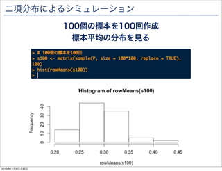二項分布によるシミュレーション
100個の標本を100回作成
標本平均の分布を見る

2013年11月9日土曜日

 